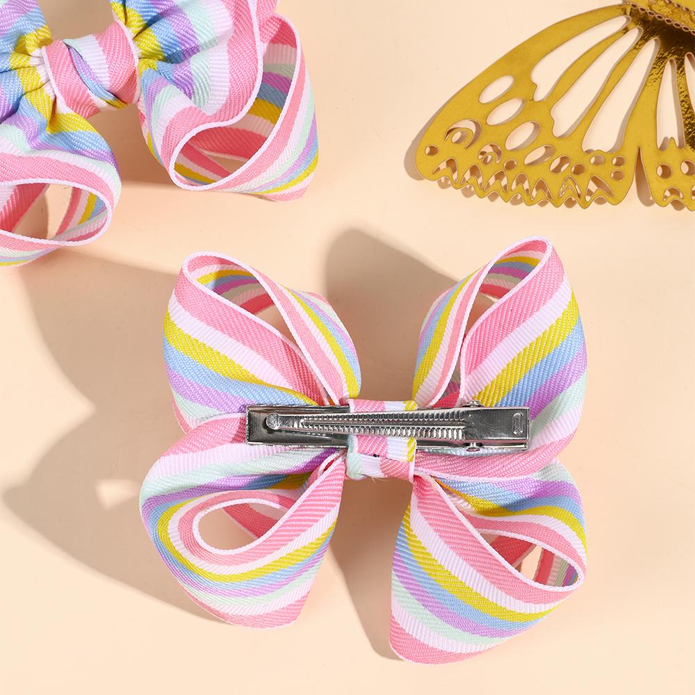 2Pcs Striped Bow Hair Clips Rainbow Ribbon Hairpin Colorful Barrette For Girls Children Popular School Headdress Accesories Gift