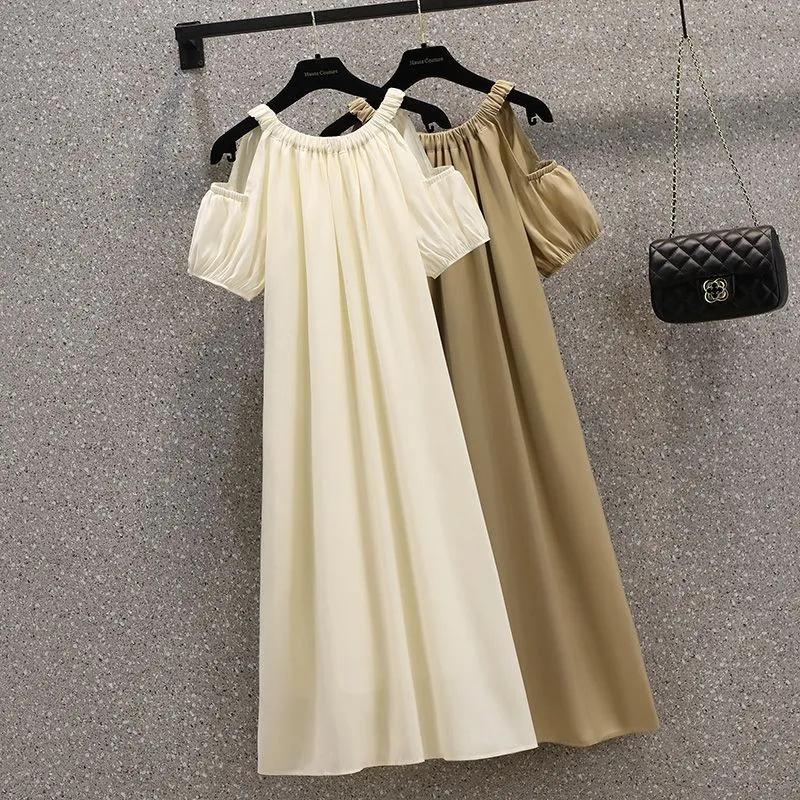 Korean version loose off-the-shoulder temperament dress summer large size women's clothing fat MM belly covering French sweet medium and long skirt