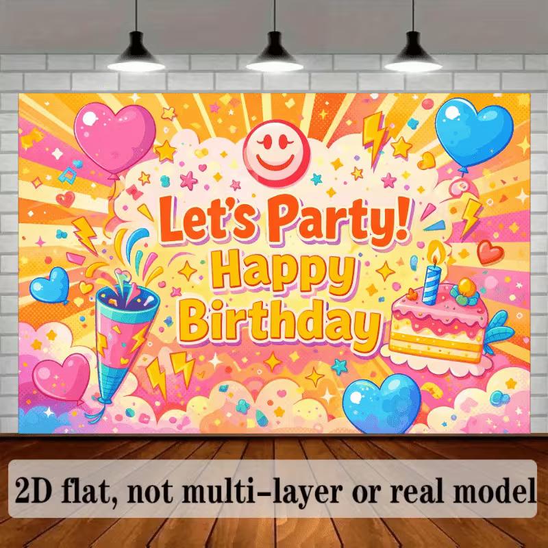 2D Happy Birthday Backdrop Bright Cartoon Balloon Photo Background
