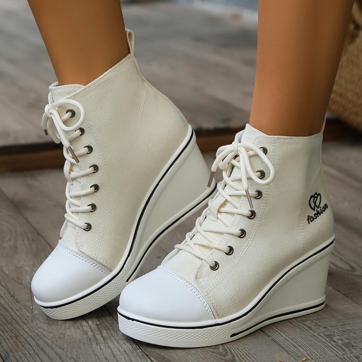 

Women Sneakers 2024 New High Tops Wedge Platform Sneakers Woman Lace Up Height Increase Casual Canvas Shoes for Women 35 бежевый
