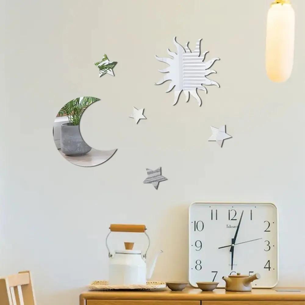 6PCS NEW Gold Silver Gold Mirror Wall Stickers DIY Acrylic Star Moon Decal Stereo Self Adhesive Decorative Decal Bedroom Sticker