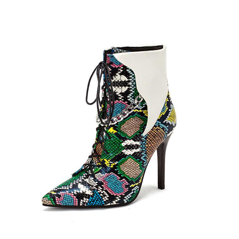 Sexy Women Boots Pointed Toe Winter PU Leather Stilettos Boots Snakeskin Print Lace Up Women Pumps Shoes Thin Heels WSH4727