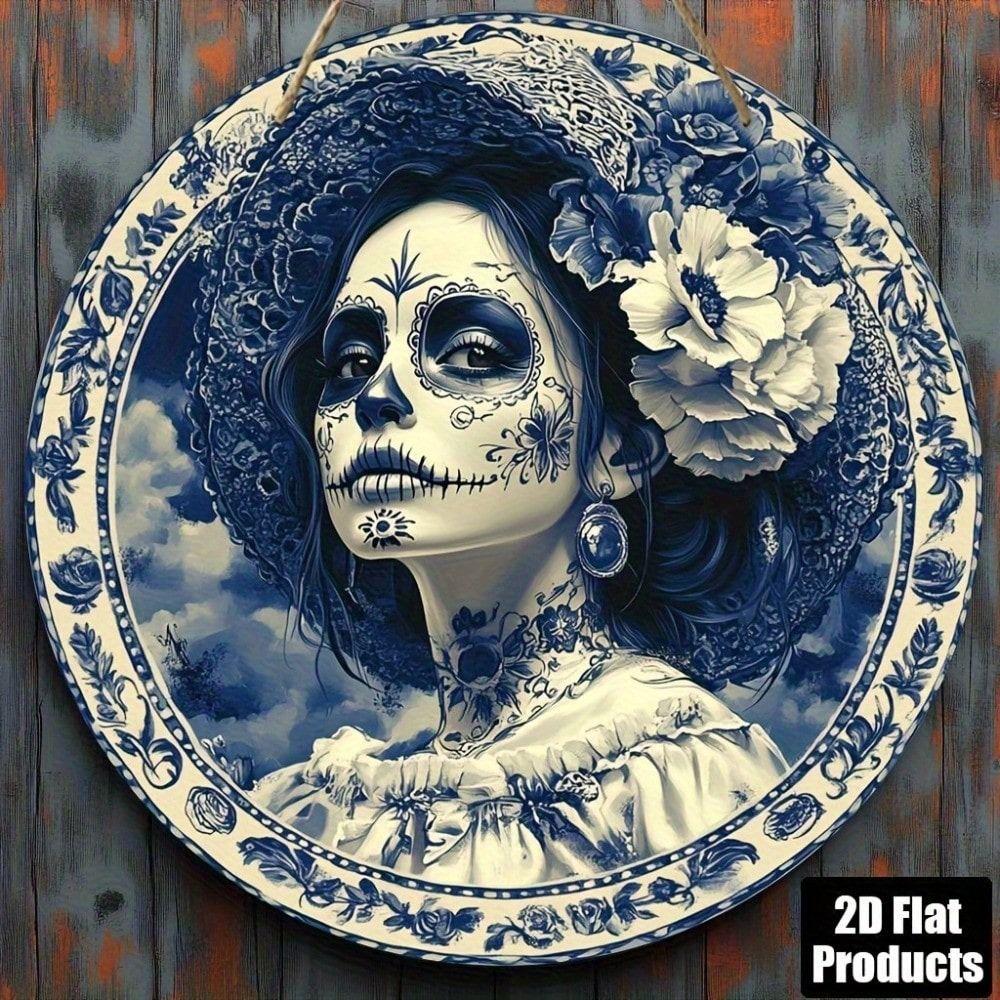 English Title: Metal Tin Sign Skull Blue White Porcelain Wood Grain Wall Decor 8x8 Inch