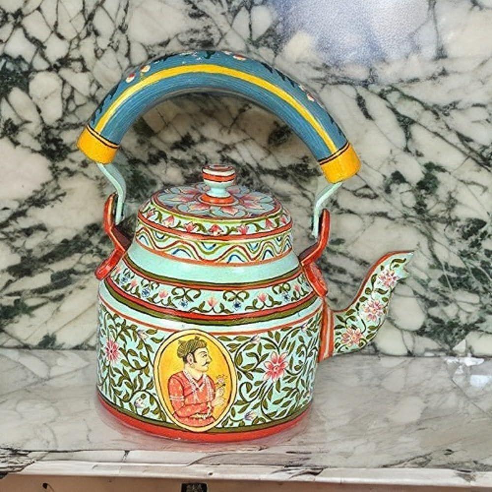 Traditional Handpainted Aluminum Kettle Tea Pot for Serving (Blue and White)