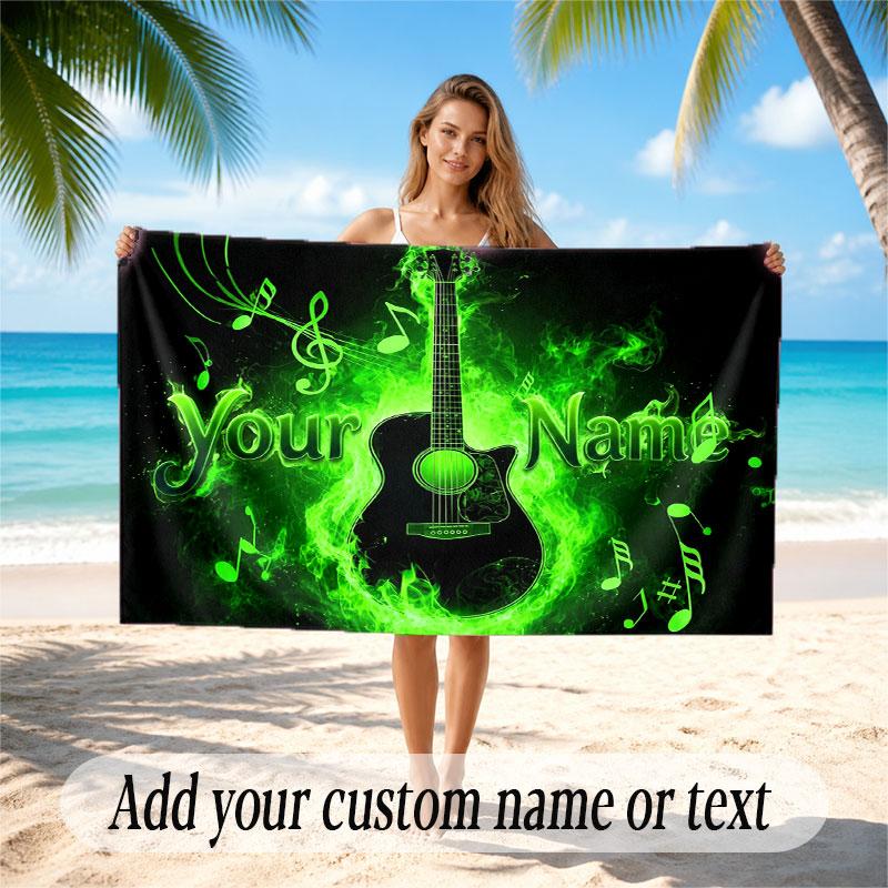 Music Guitar Theme Beach Towel Personalized Custom Name & Text Soft Quick Dry Beach Towel for Swimming Travel