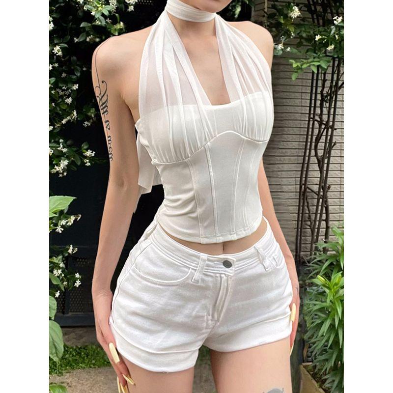 # Sisjuly# Korean Women Wear Fashionable Elegant Lady Mesh Collar Halter Spaghetti Straps Women Silm Beauty Back Vest