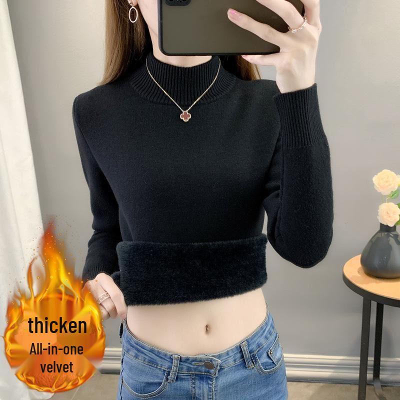 

Уютный флисовый женский свитер с полувысоким воротником - Большой размер, корейский стиль, вязаный пуловер 2XL (135-145 lbs)