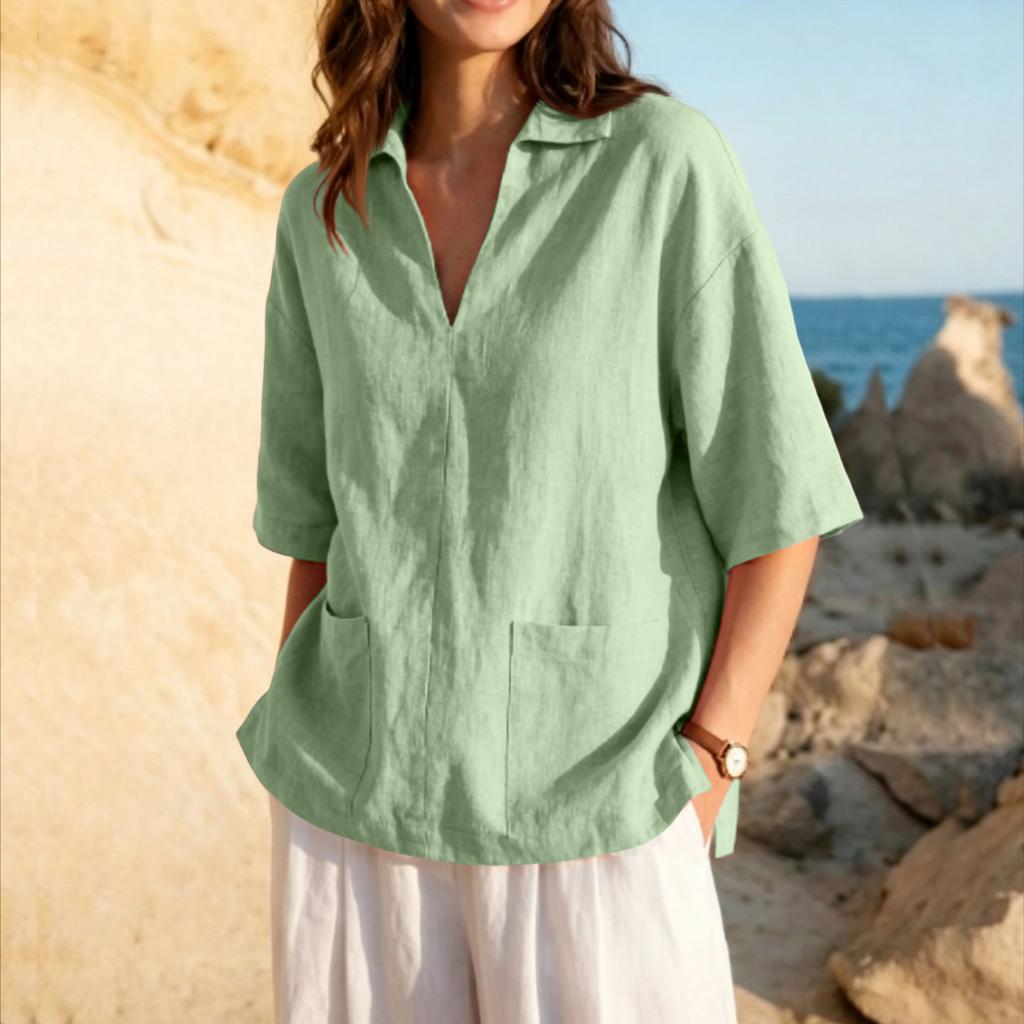 Women's V Neck Linen Cotton Blend Loose Fit Shirt Half Sleeve Casual Blouse with Front Pockets Lightweight Breathable Fabric
