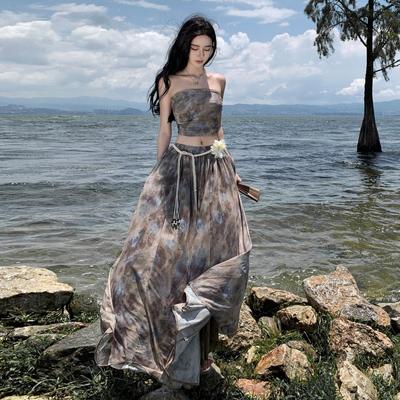 Women's Summer Vintage Tie-Dye Breasted Vest Top High Waisted Half-Body Skirt Set