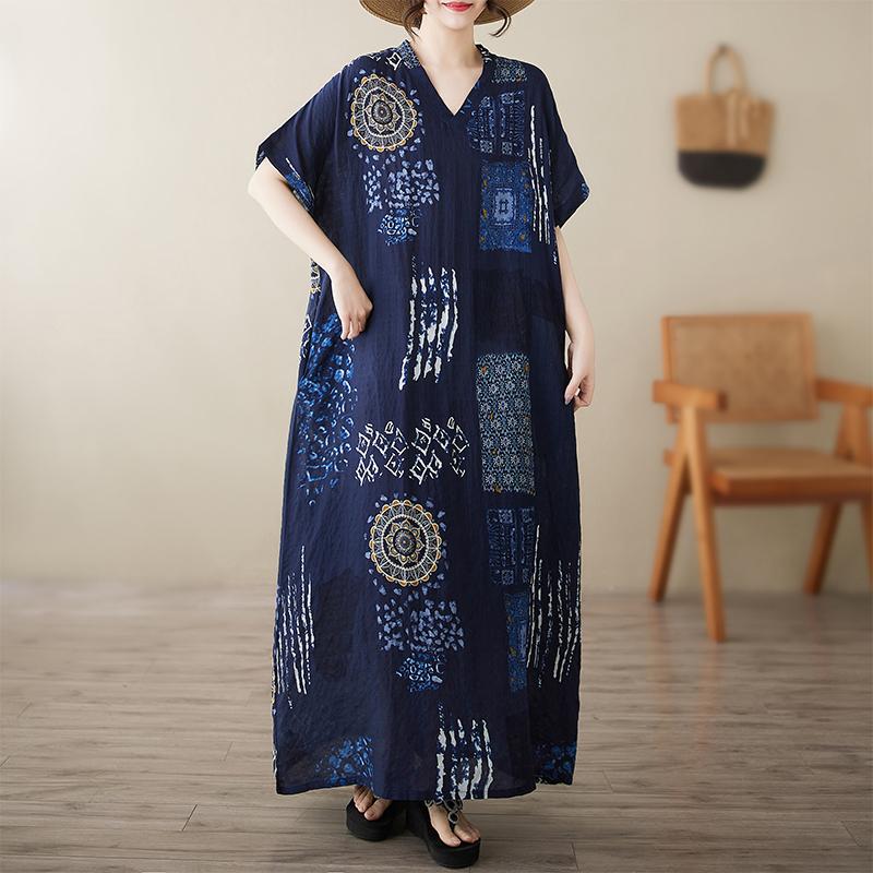 

Dimanaf Новое летнее платье большого размера 2025 с длинным V-образным вырезом для женщин, базовое повседневное платье с коротким рукавом, свободное платье 3XL темно-синий