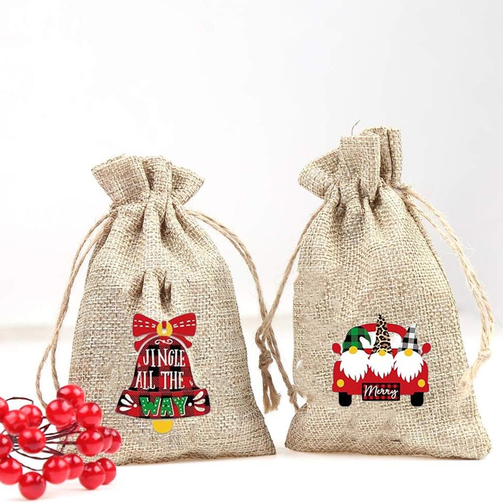 8Psc Christmas Burlap Goody Bags Drawstring Gift Bag Elk Santa Claus Xmas Party Decoration Supplies Christmas Stocking Favors