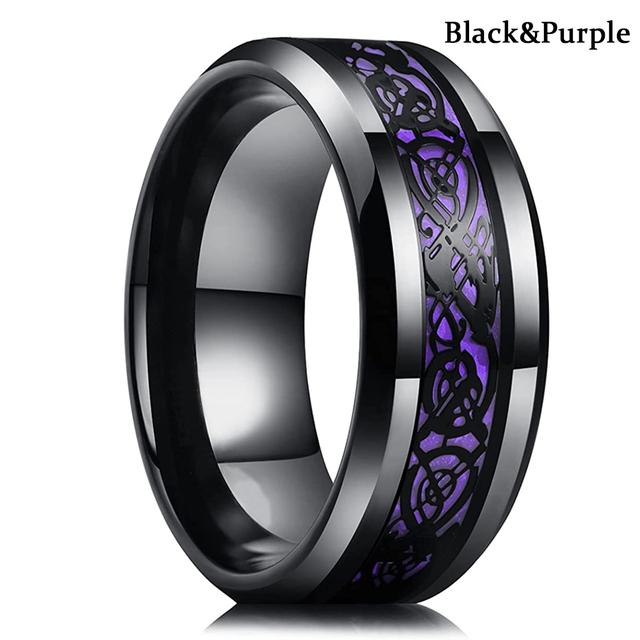 Mode 8mm Männer Rote Nut Abgeschrägte Kante Edelstahl Keltischen Drachen Ring Zirkon Inlay Rot Carbon Fiber Ring Männer hochzeit Band