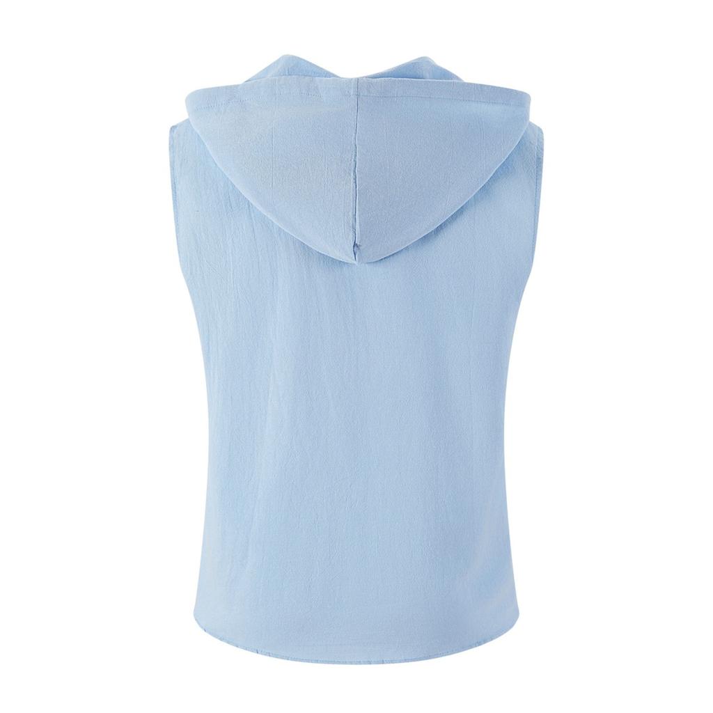 Men's New Summer Fashion T-Shirt - Casual Hooded Solid Color Sleeveless Zipper Hawaiian Beach T-Shirt