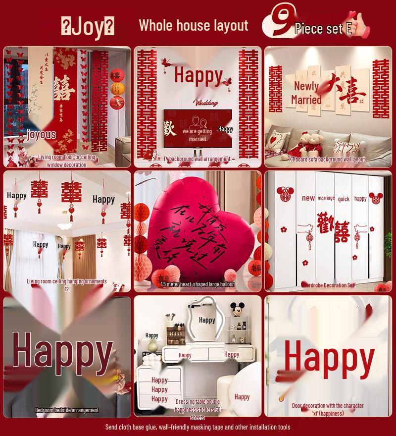 Wedding Decorative Set: Double Happiness Wall Art for Bedroom & Living Room