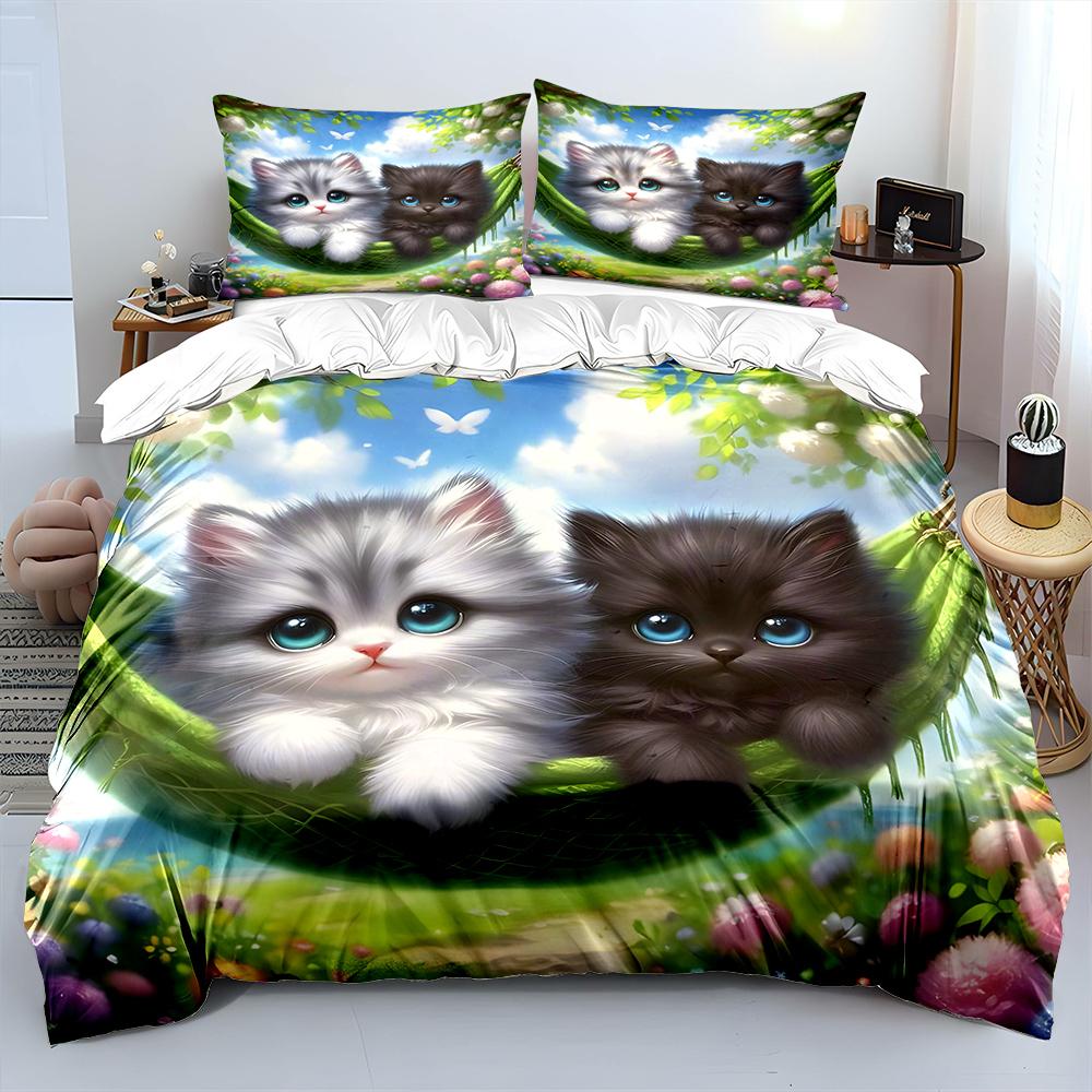 Cute Kittens In Hammock Cartoon Bedding Set For Kids Luxury Gift 3Pcs Digital Print Comforter Set Soft Comfortable Breathable