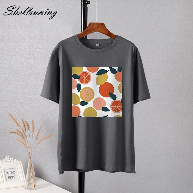 Shellsuning Casaul Kawaii Fruit Printed T Shirt Women Loose O Neck Short Sleeve Base Tees Female Simple Cotton Trendy White Tops