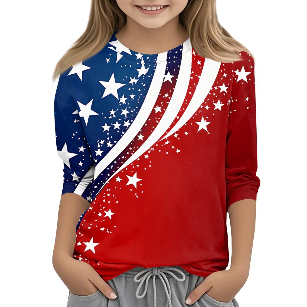 Children's 3/4 Sleeve Tops Casual Print T Shirt Round Neck Pullover Blouse