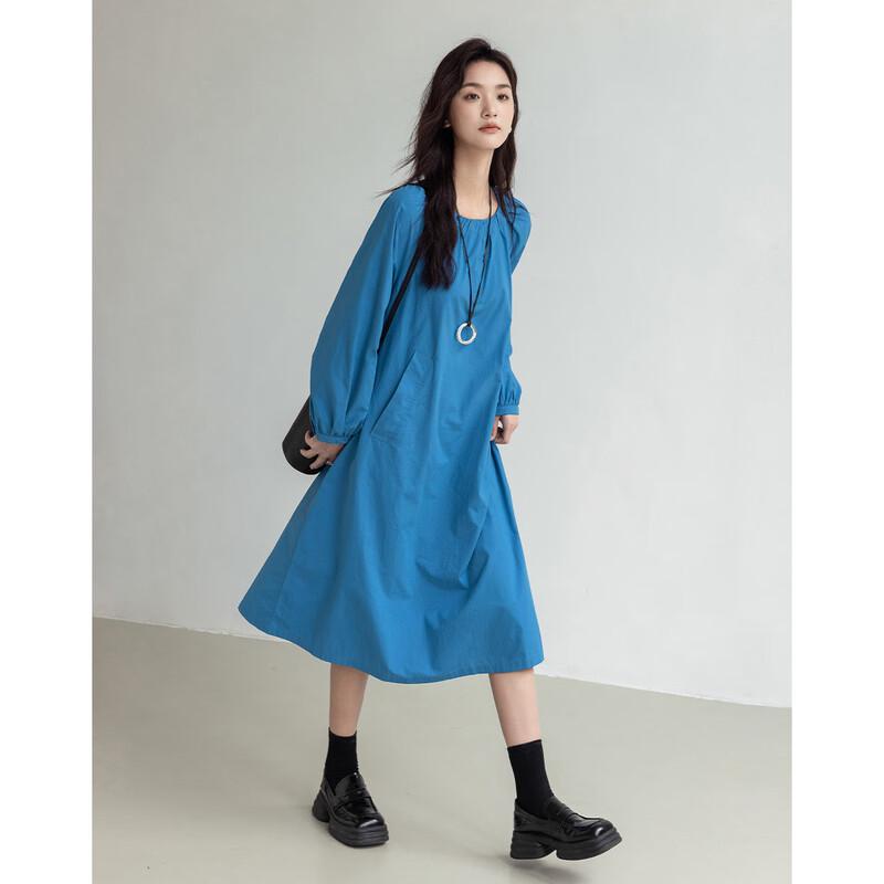Demana Simple Blue Pleated Long Sleeve Midi Dress S
