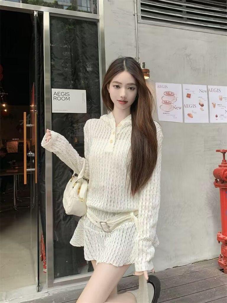 Korean Lace Ruffle Hooded Sweatshirt Dress - Sheer Long Sleeve, Spring 2026