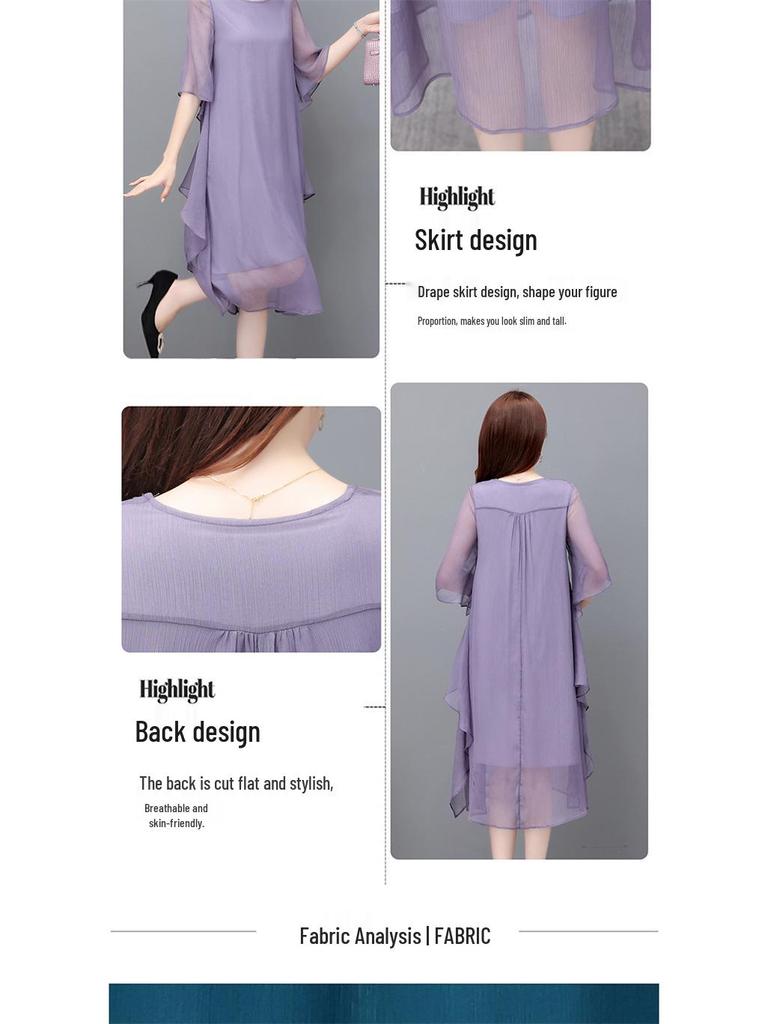 Women's Summer 2023 Silk Crepe A-line Dress: Mid-length, Solid Color, Loose Fit, Tummy-Covering, Fashionable and Elegant.