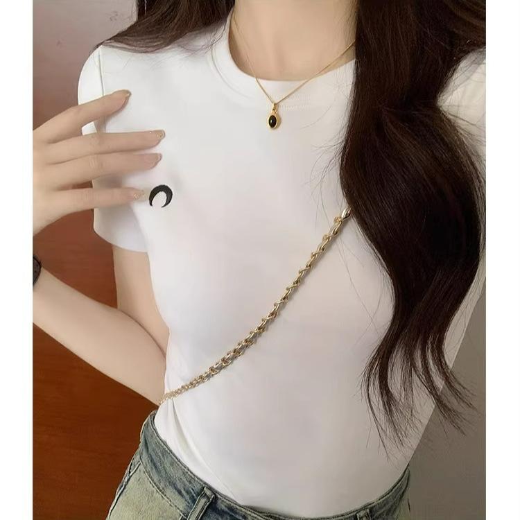White round neck front shoulder short-sleeved t-shirt women's spring new pure desire wind embroidery slim and thin Spice Girl inner top