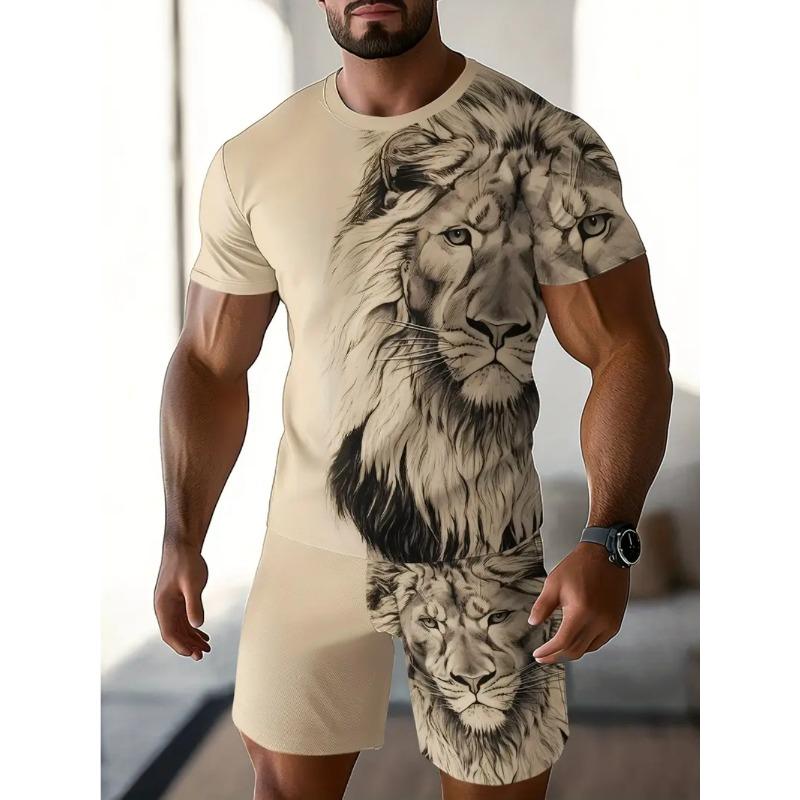 Summer Animal Lion Print Fashionable Comfortable Loose Fit Casual Sports Men's Short Sleeved Sport Wear