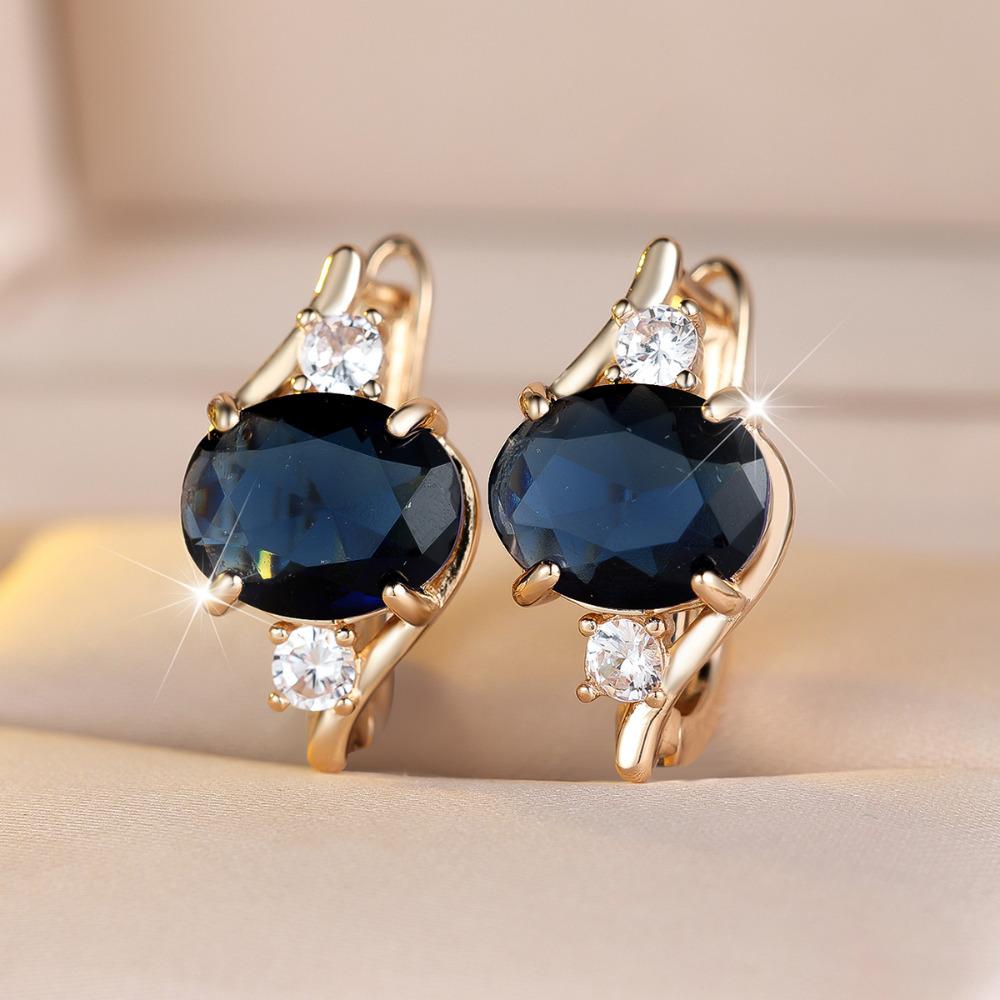Elegant Oval Blue Zircon Drop Earrings for Women Gold Color Wedding Party Jewelry Gift