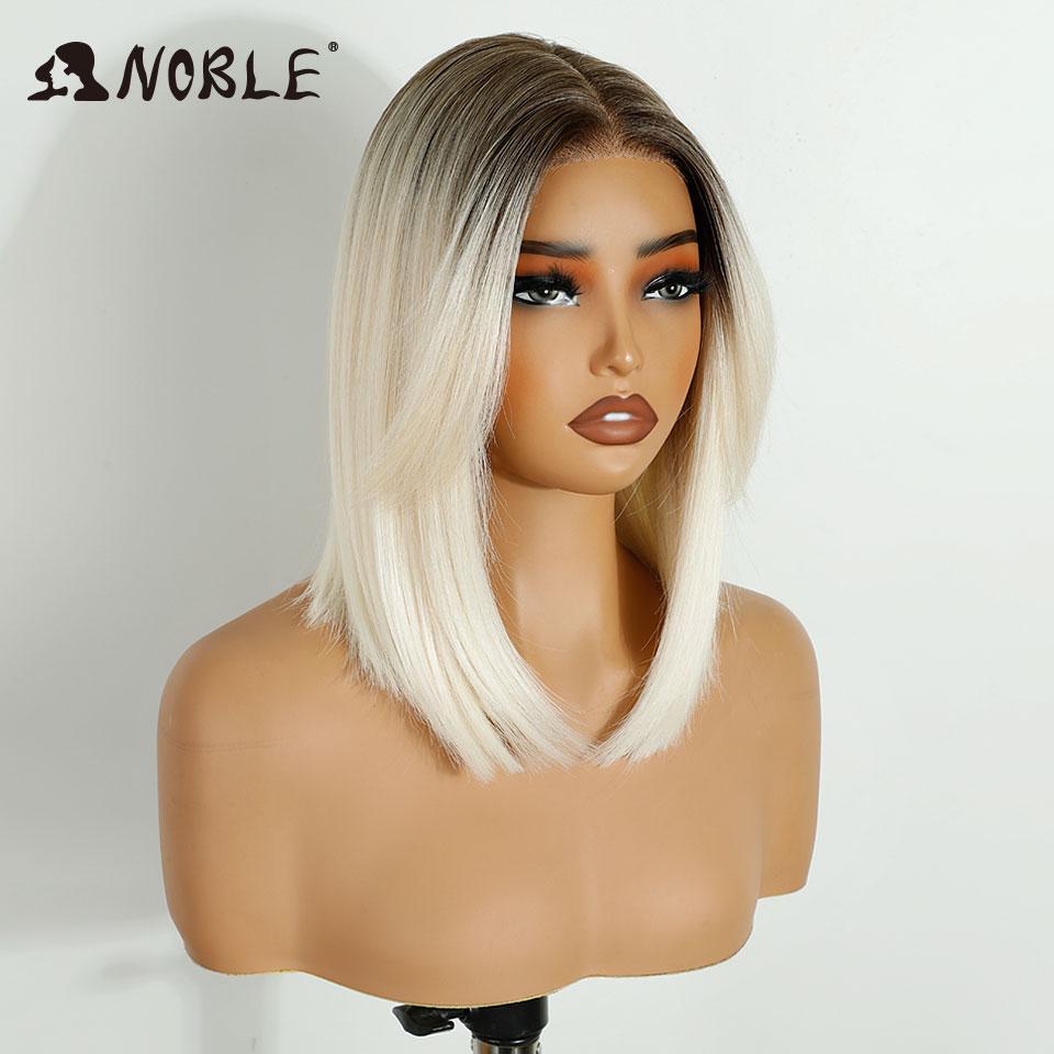 Noble Synthetic Lace Front Wigs For Women 12 Inch Cosplay Short Bob Lace Wig With Bangs Pre Plucked Pre-Cut White Lace Wig