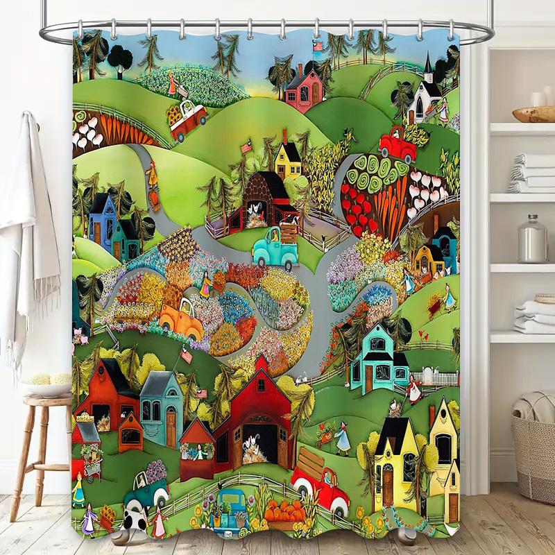 unframed Vintage Farmhouse Shower Curtain Rustic Country Floral Bathroom Decor Farm Life Scenic Wall Hanging Backdrop