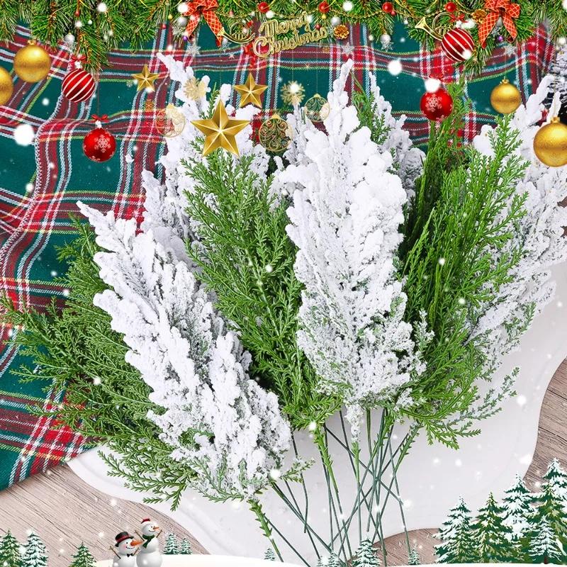Artificial Pine Needles Branches Christmas Ornament Snowflake Simulation Green Plant Decoration Xmas Tree New Year Party Decors