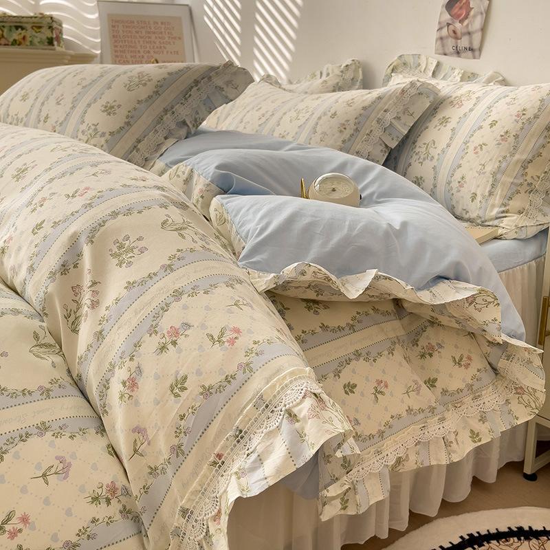 French Pure Cotton Bedding Four-piece Set Skin-friendly Comfortable Breathable Bed Sheet Quilt Cover Pillowcase