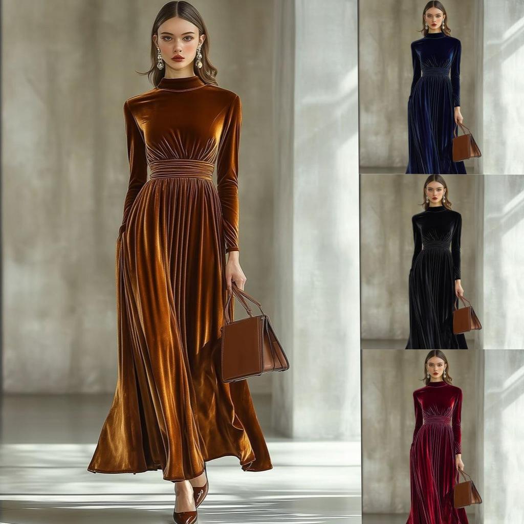 2026 Women's Elegant Gold Velvet Long-Sleeve Slimming Dress with Waist-Cinched Design for Autumn/Winter.