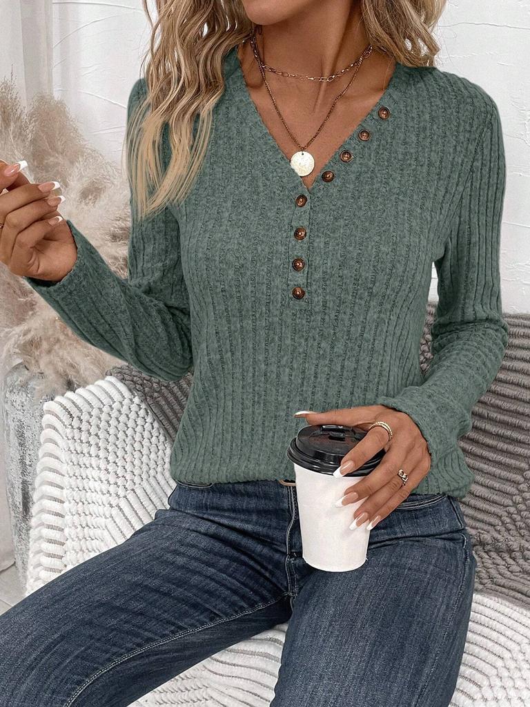 Women Long Sleeve Knit Top Casual Ribbed Button Detail Pullover Sweater Soft Stretchy Lightweight Jumper