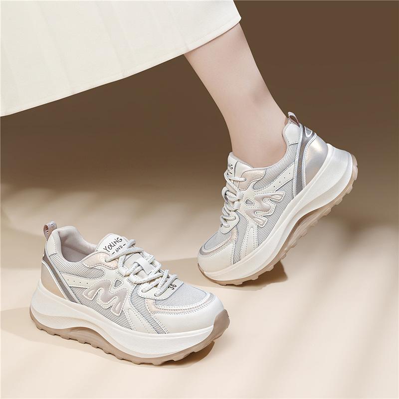 Genuine leather waffle Forrest Gump women's spring and summer new versatile mesh breathable dad shoes lightweight platform sneakers