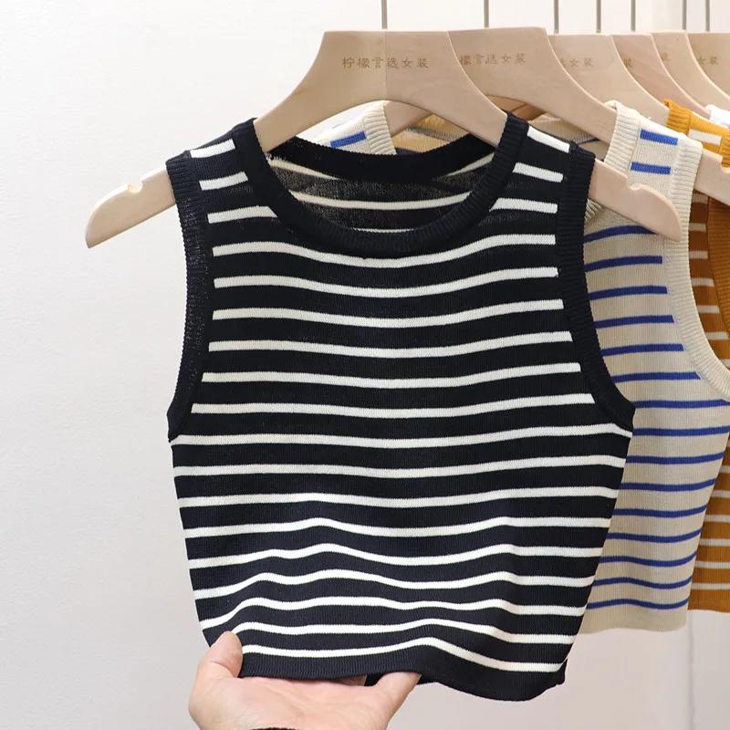 

Summer Spring Striped Tank Tops Women Sleeveless Knitted T-Shirts Crop Tops Female Elastic Slim Casual Vests Pullover Camis One Size