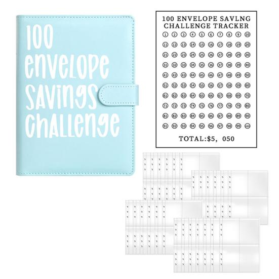 100 Envelope Savings Challenge Kit PU Binder with Numbered Pockets And Progress Trackers A5 Budget Planner for Couples Individuals