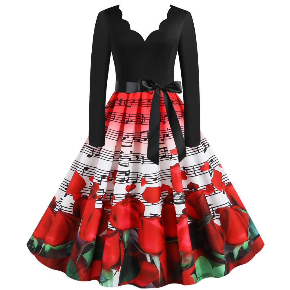 

New Valentine S Day Temperament Fashionable Casual Long-Sleeved Slim-Fitting V-Neck 3D Digital Printing Big Pendulum Dress S