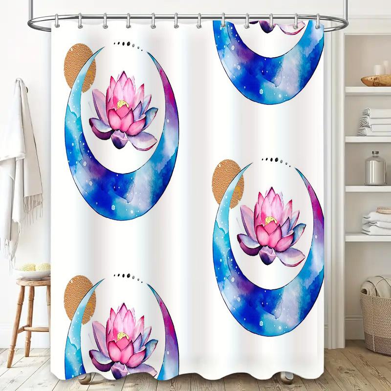 Lotus Flower Shower Curtain Floral Botanical Nature Spa Teal Blue Bathroom Decor Waterproof Fabric Vintage Artistic Home Accent