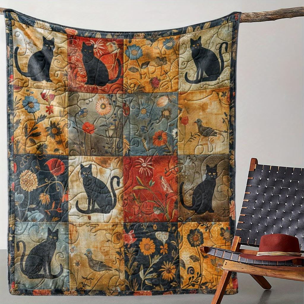 Vintage Patchwork Dinosaur Flat2D Digital Print Flannel Throw Blanket - Soft Warm and Living Room Blanket for Multiple Patchw