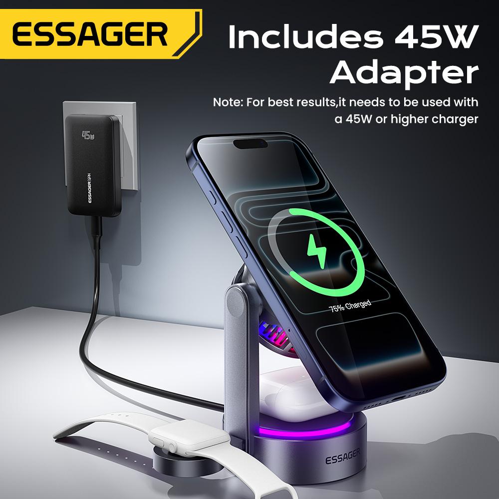 Essager 3 In 1 Magnetic Wireless Charger Qi2.2 25W Fast Charging Stand For iPhone 17 16 Pro Max  Apple