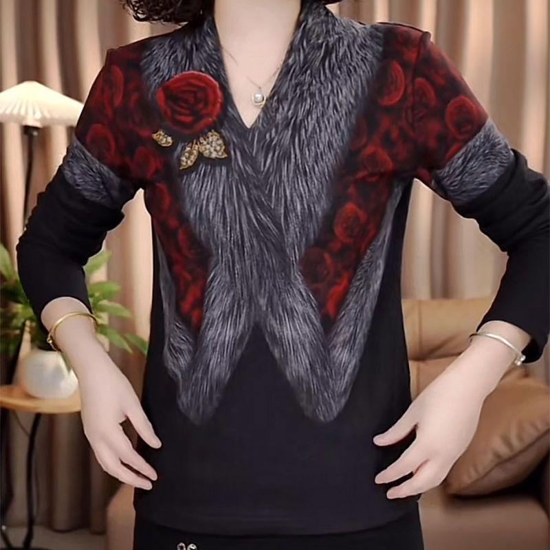 Women Clothing Autumn Winter Stylish Vintage 3D Flower Printed Thick Basic T-shirt Elegant V Neck Long Sleeve Slim Pullover Tops