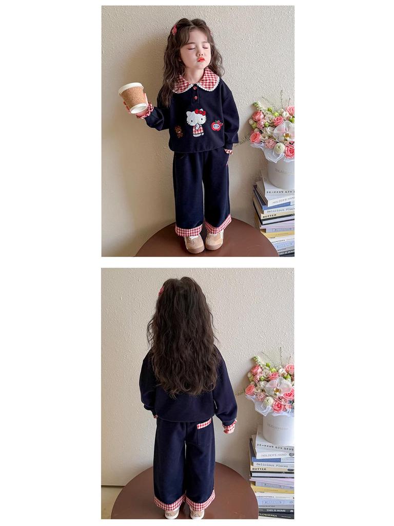 Mädchen Karo Sweatshirt Set - 2025 Herbstmode mit Umlegekragen