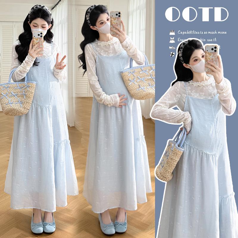 2026 Spring Korean-Style Blue Bow Print Two-Piece Maternity Dress M