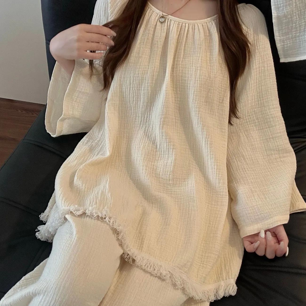 

Пижама для девочек однотонная, свободного кроя, тонкая, с кисточками, женская, весенне-осенняя, простая, повседневная, свежая, для дома XS бежевый