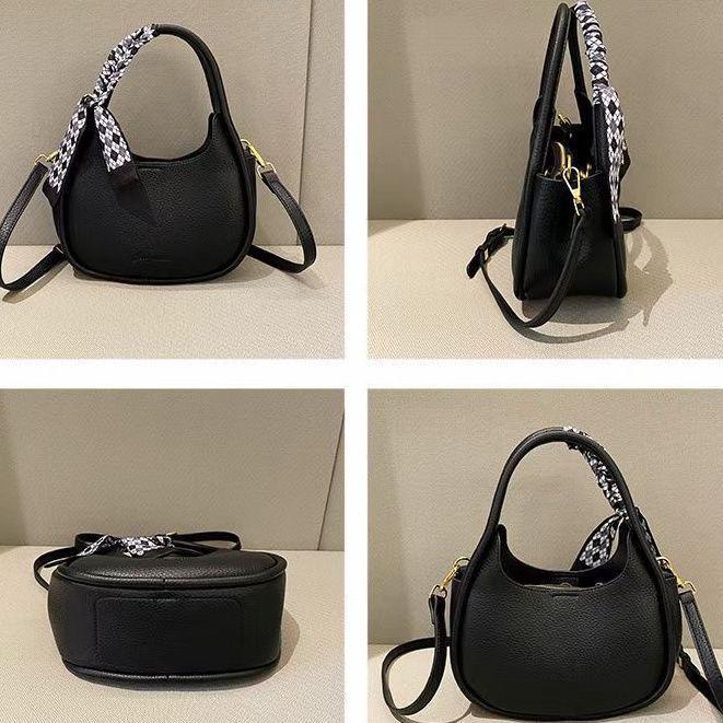 Women's Round Textured Silk Scarf Handbag - 2025 Soft Leather Crescent Style, Fashion Lychee Grain Shoulder Bag