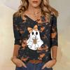 Women's Casual Halloween Print V-Neck Three-Quarter Sleeve T-Shirt
