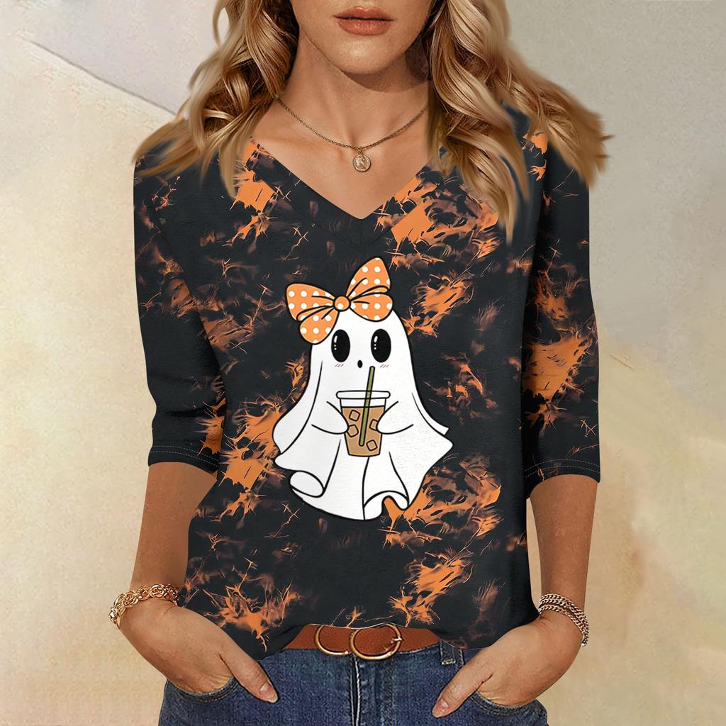 Women's Casual Halloween Print V-Neck Three-Quarter Sleeve T-Shirt