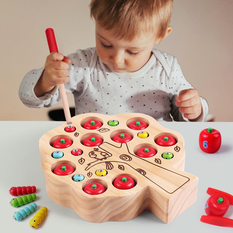 New Kids Wooden Magnetic Clip Apple Insect Catching Game Play Magnetic Early Education Baby Toys