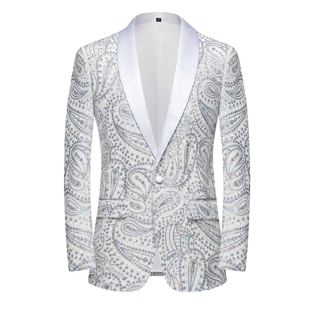 Mens Paisley Embroidered Sequin Suit Jacket Shiny Blazer