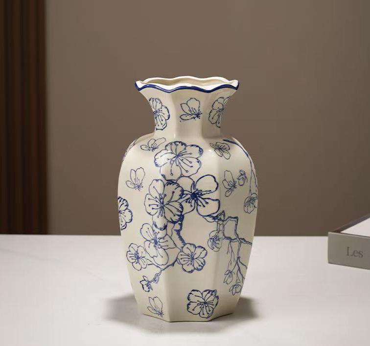 High-End Retro Blue and White Octagonal Porcelain Vase for Home Decor